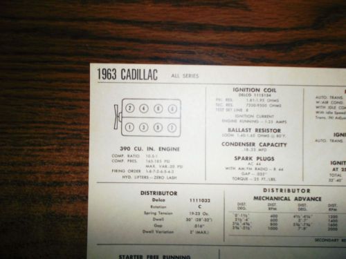 1963 cadillac series all models 390 ci v8 sun tune up chart sheet great shape!