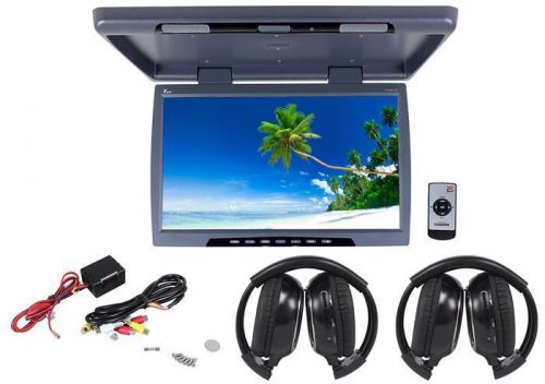 Tview t244ir-grey 24&#034; gray flip down car video monitor + 2 wireless headphones