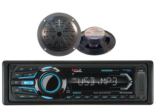 2 black 5.25&#034; marine speakers and boss bluetooth ipod usb aux sd marine receiver