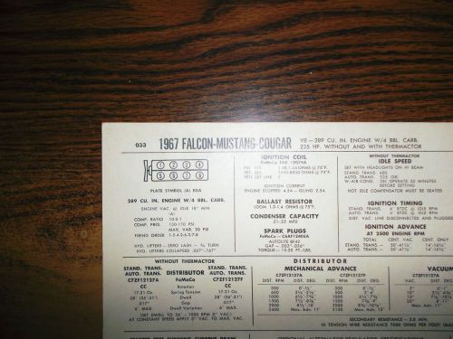 1967 ford falcon &amp; mustang and mercury cougar eight 289 ci v8 4bbl tune up chart