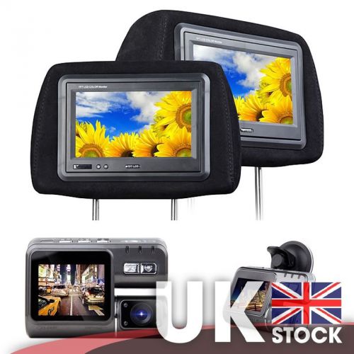 Pair of 7&#034; headrest monitor with moquette cover (black) + 2&#034; lcd hd dashcam