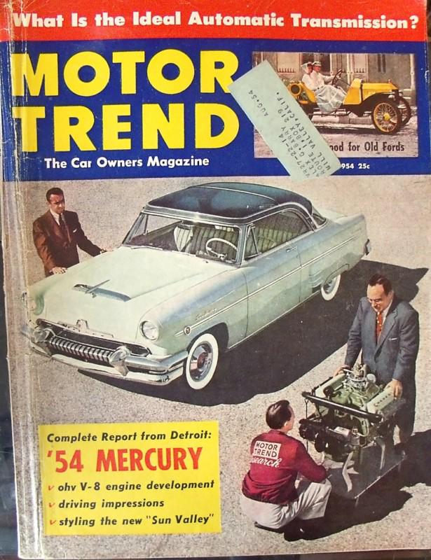 Motortrend jan 1954 plymouth belvedere '54 nash rambler '54 mercury 1912 simplex