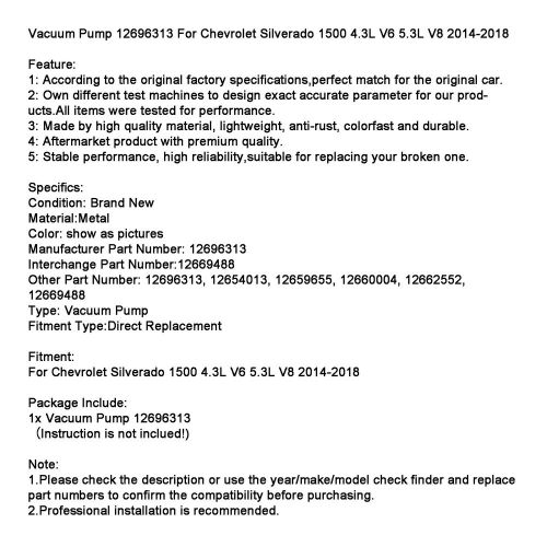Vacuum pump 12696313 for chevrolet silverado 1500 4.3l v6 5.3l v8 2014-2018 #0
