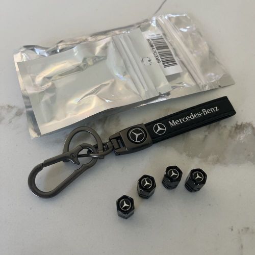 4pc black hex mercedes benz tire valve caps stem dust cover + bonus keychain new