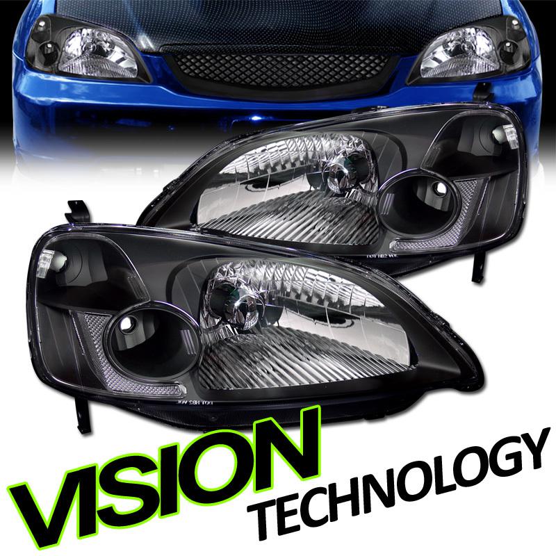 01 02 03 civic coupe/sedan jdm blk housing clear lens head lights lamps assembly