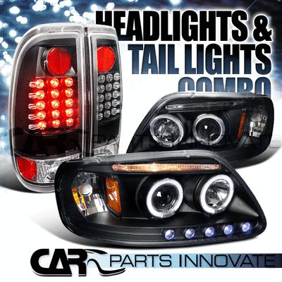 97-03 f150 styleside black halo led projector headlights+led tail lamps