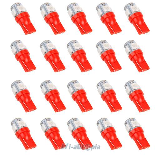 20x t10 194 168 w5w 5 smd 5050 red led car wedge tail side light lamp bulb 12v