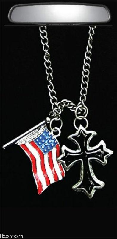 Usa american flag with silver and black cross rear view mirror auto car ornament