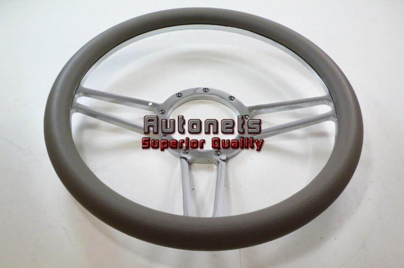 Gray leather half wrap vintage chevy gm chrome aluminum 9 hole steering wheel