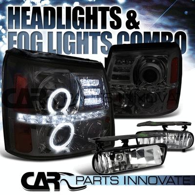 2002-2006 escalade smoke halo led projector headlights+clear fog bumper lamp