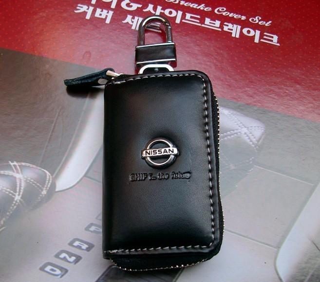 New genuine leather black car key holder case bag alloy keychain for nissan