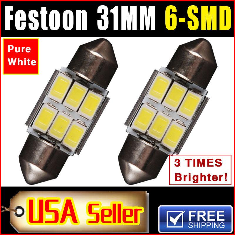 2 pcs pure white 31mm festoon dome map interior led light bulbs de3175 3022 3021