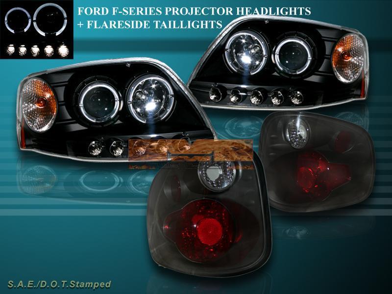 01-03 ford f-150 headlights led halo projector blk + smoke tail lights flareside