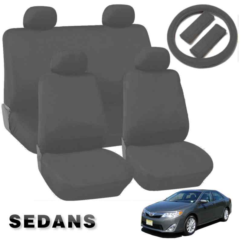 Gray comfort cloth polyester car seat covers double stitched 13pc compact sedans