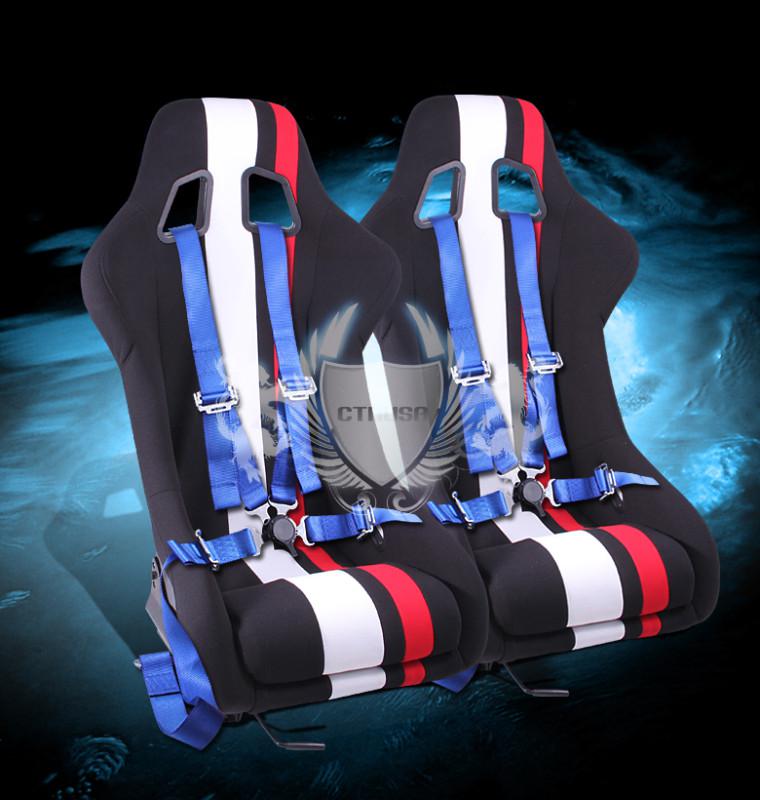 2x black/white red stripe fabric racing bucket seat+4-pt blue belt camlock strap