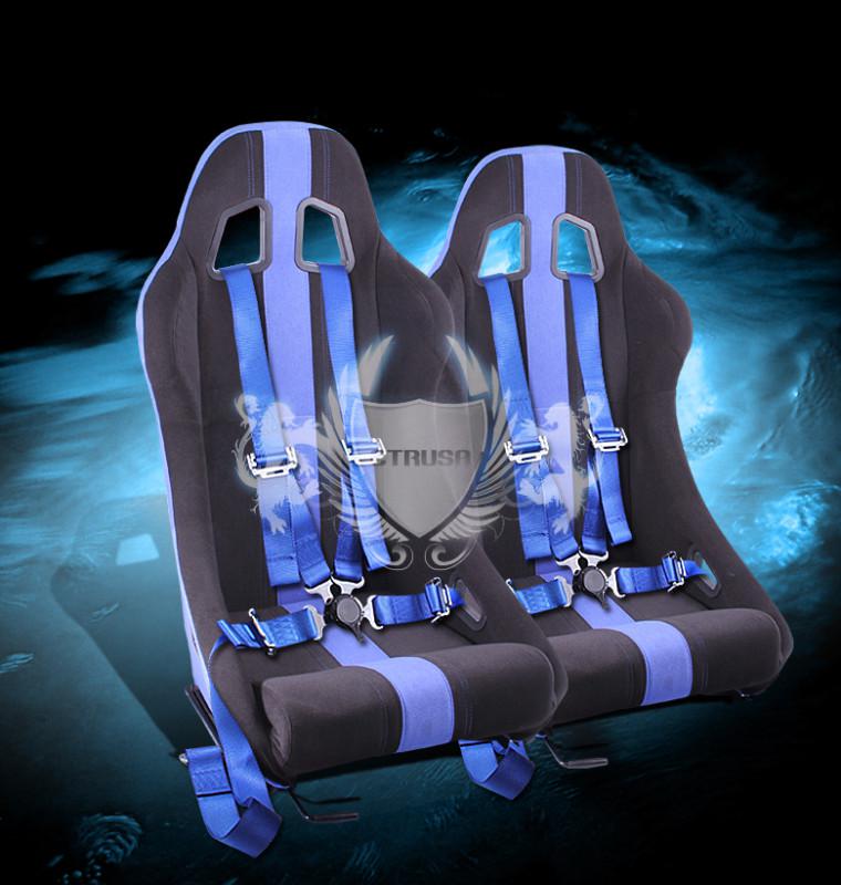 2x jdm f1 black/blue stripe fabric racing seats w/sliders + 4-pt camlock buckle