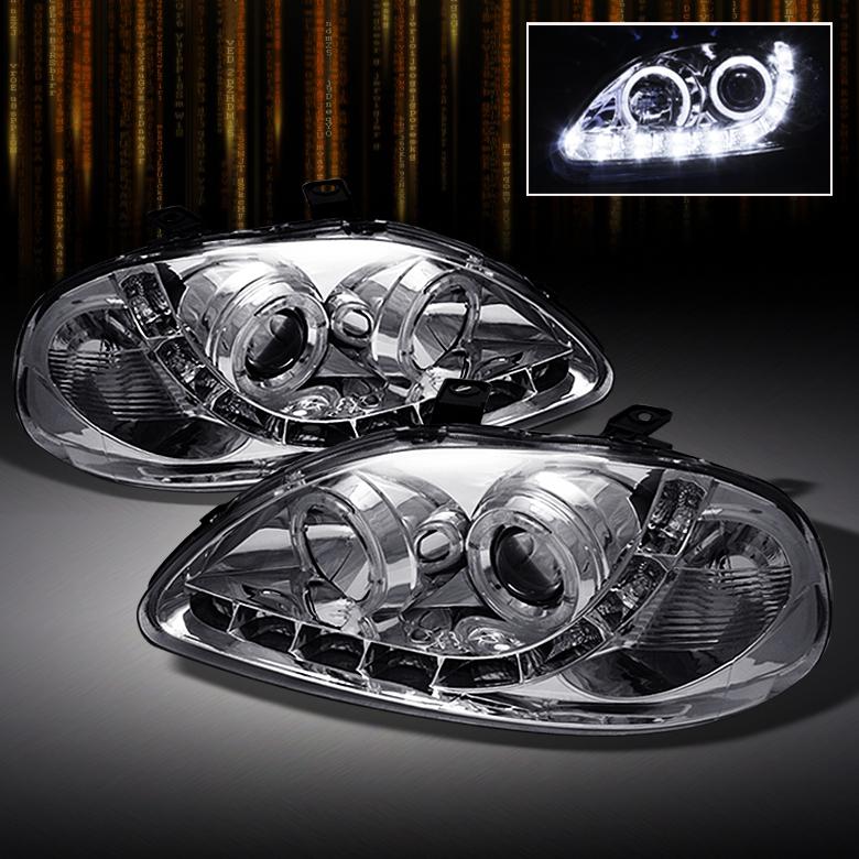 96-98 honda civic chrome clear r8 style drl led strip halo projector headlights