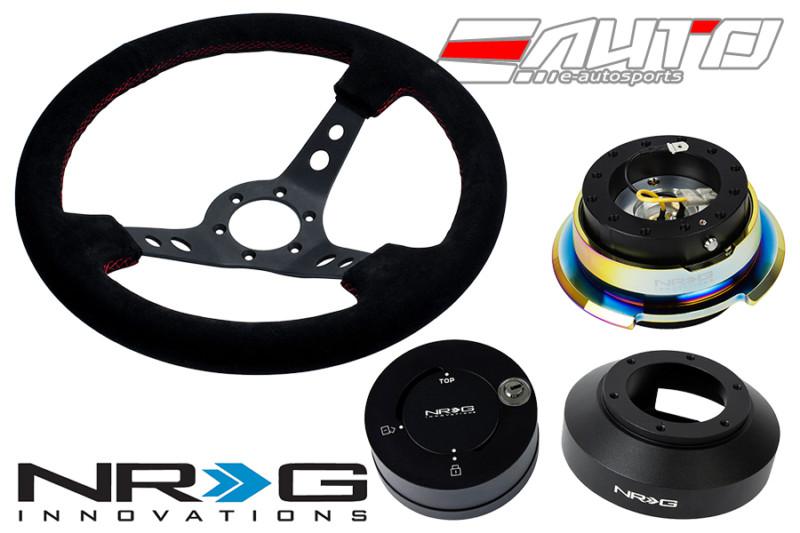 Nrg 350mm 3" d steering wheel suede red stitch 141h hub 2.8 bkmc release lock mb