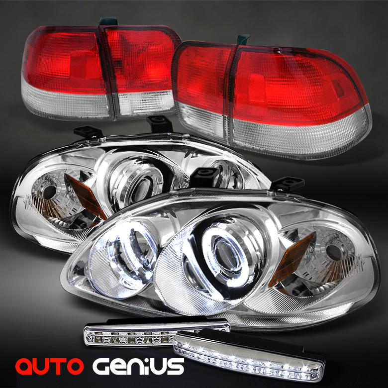 96-98 civic 4dr projector headlights + red clear tail lights + daytime led drl