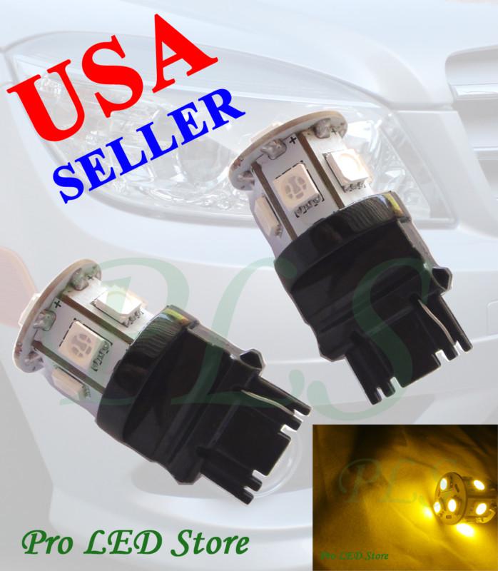 Two pcs 2x 7440 t20 amber yellow 9 smd led back up reverse lights bulbs