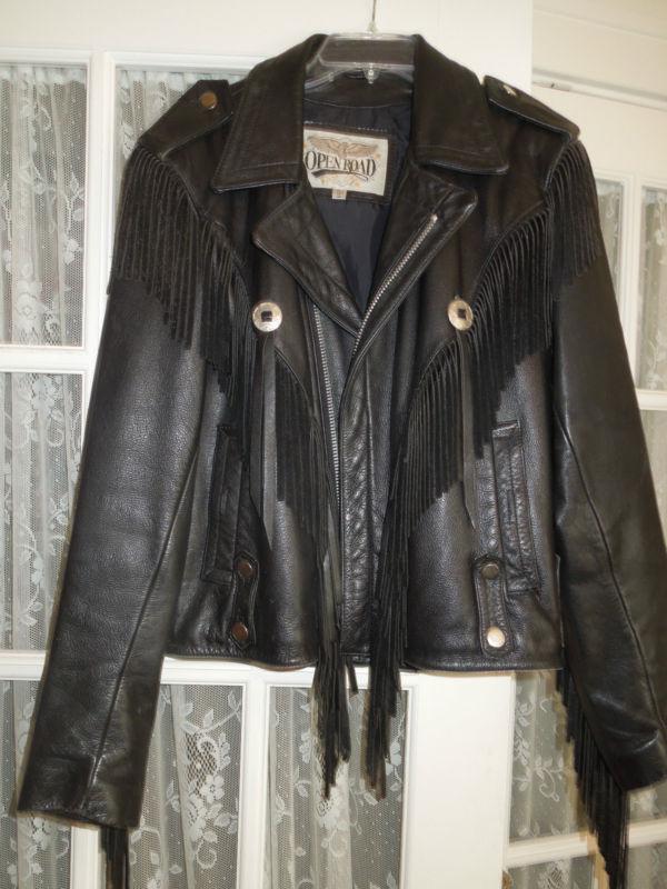 Mens vintage  open road black leather motorcyle  jacket w/ fringe  sz 38 #492