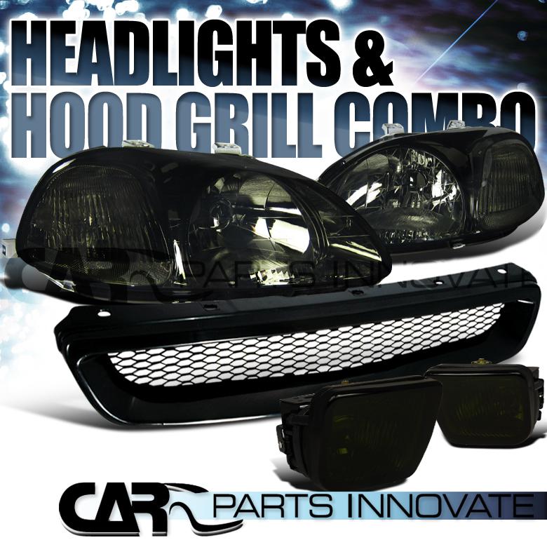 1996-1998 honda civic smoke headlights+tinted fog bumper lamp+mesh grille