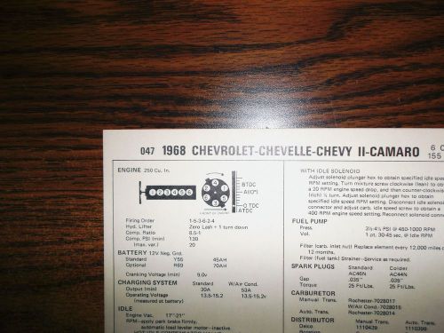 1968 chevrolet chevelle chevy ii camaro six series models 250 l6 tune up chart