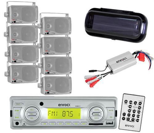 Ekmrs12 silver boat usb radio w/800w amp- cover-remote &amp; 8 silver box speakers