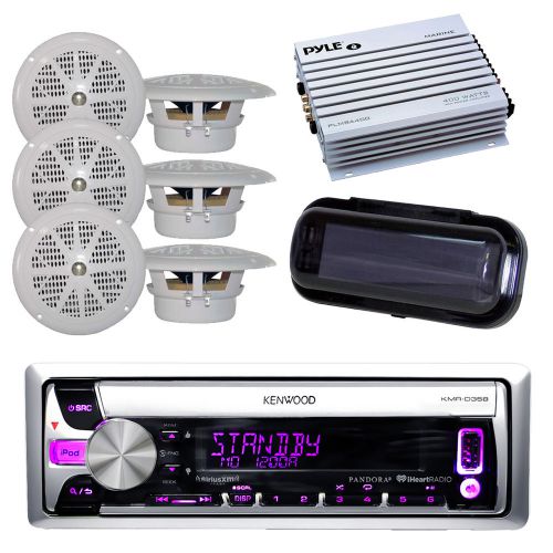 New boat radio usb aux input pandora w/6 x 4&#034; white speakers, 400w amp, cover