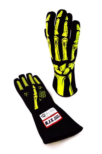 Rjs racing sfi 3.3/5 new skeleton racing gloves yellow / black size lg 600090162