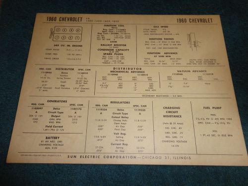 1960 chevrolet full-size v8 car tune-up chart / free shipping!!