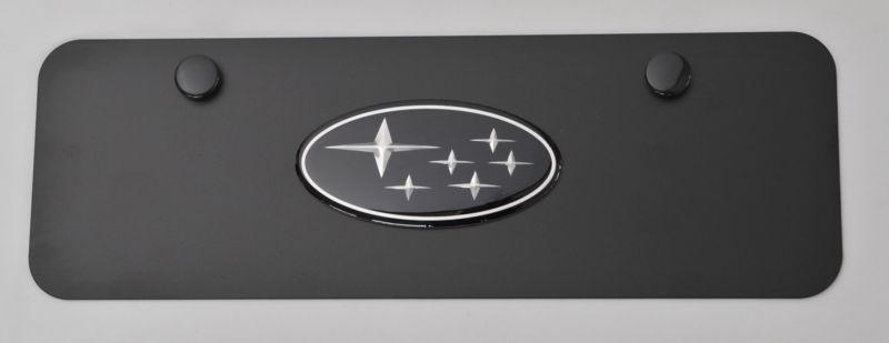 Subaru 3d emblem logo on black stainless steel license plate half size