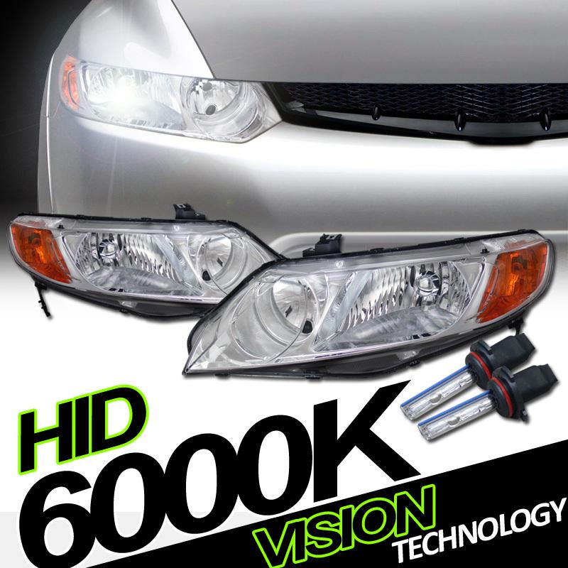 06-11 civic 4d/4dr/sedan chrome headlights headlamps head lights lamps+6000k hid