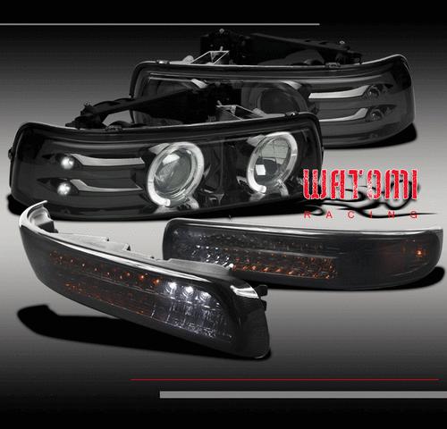 99-06 silverado tahoe suburban pickup halo led projector head light+bumper smoke