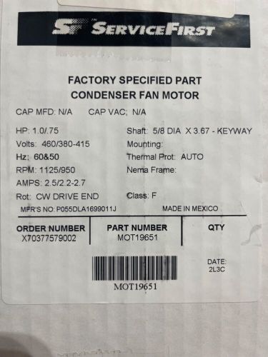 Trane mot19651 motor ; od 1 hp , 460v 60hz , 380-415v 50hz