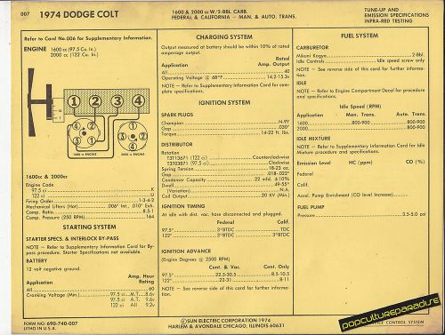 1974 dodge colt 1600 &amp; 2000 cc engine car sun electronic spec sheet