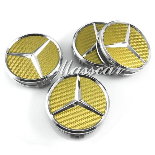4x 75mm carbon fiber emblems for mercedes benz wheel center caps yellow