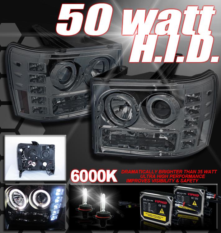 2007-2012 gmc sierra halo led smoke projector headlight+hid 50w 6000k kit denali