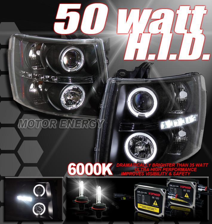 2007-2012 chevy silverado truck halo led projector headlight+hid 50w 6000k black