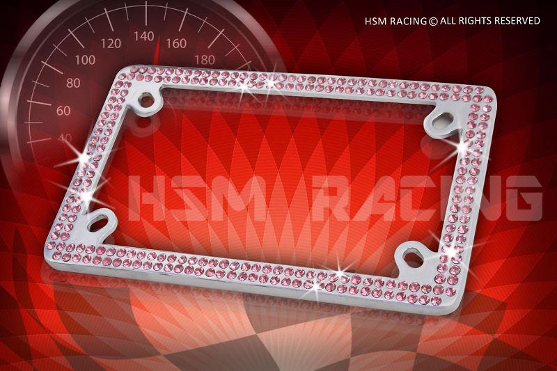 Double row motorcycle pink real crystal embedded chrome license plate frame 