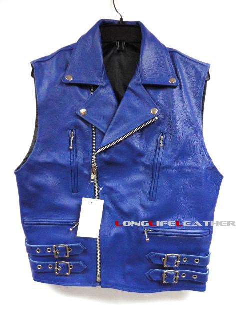 Medium mens blue leather motorcycle biker vest zipper pockets buckle belts new