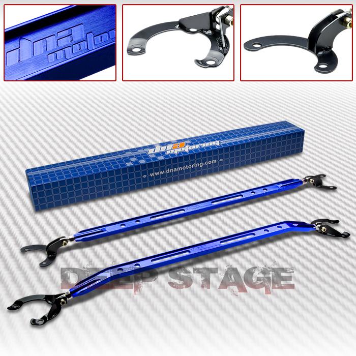 01-05 honda civic em aluminum front+rear upper strut tower bar/arm/brace blue