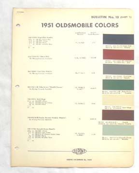 1951  oldsmobile dupont  color paint chip chart all models original 