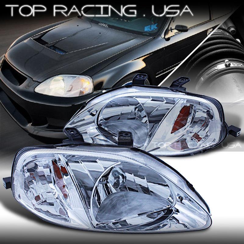 99-00 honda civic jdm crystal style headlights lamps chrome / amber reflector