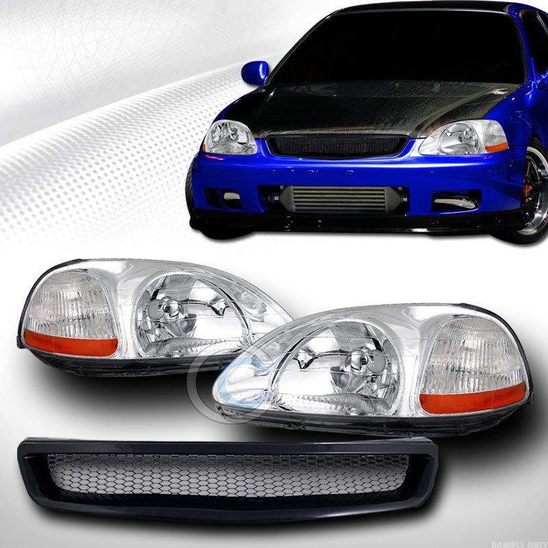 Chrome head lights signal lamps amber dy+aluminum mesh grille 96-98 civic ek ek9