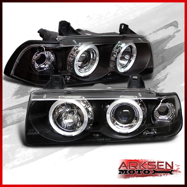 Black 92-98 bmw e36 3-series 2 door dual halo projector led headlights lamps set