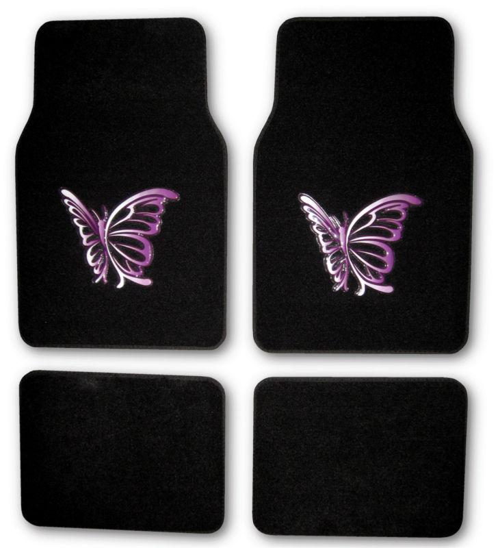 Butterfly purple universal car front rear 4 piece set black carpet floor mats  l