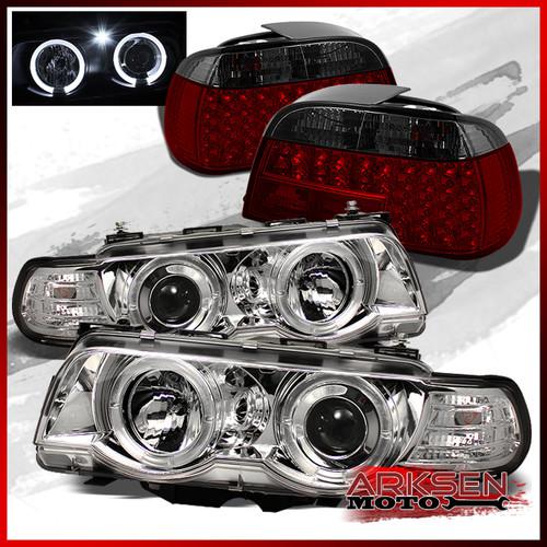 99-01 e38 halo clear projector headlights *fit hid-d2s*+red smk led tail lights