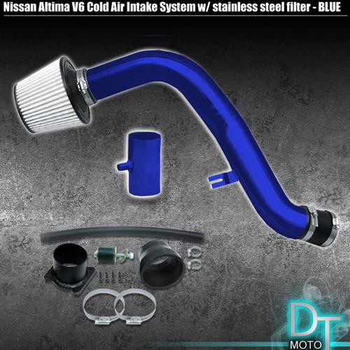 Stainless washable cone filter + cold air intake 02-06 altima v6 blue aluminum