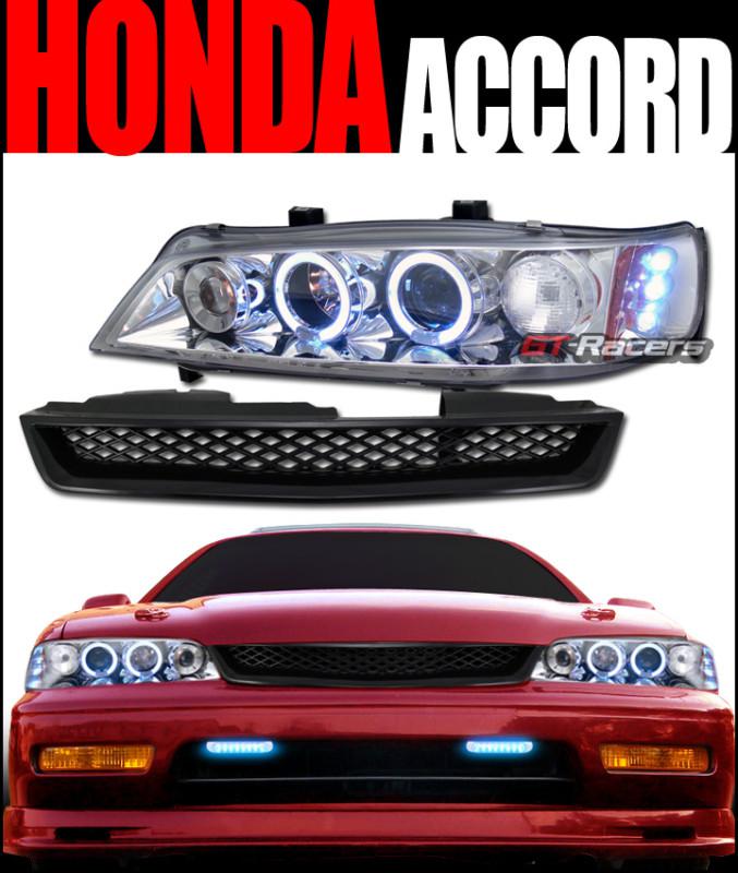 Chrome halo led projector head lights+tr hood mesh grill grille 1994-1997 accord